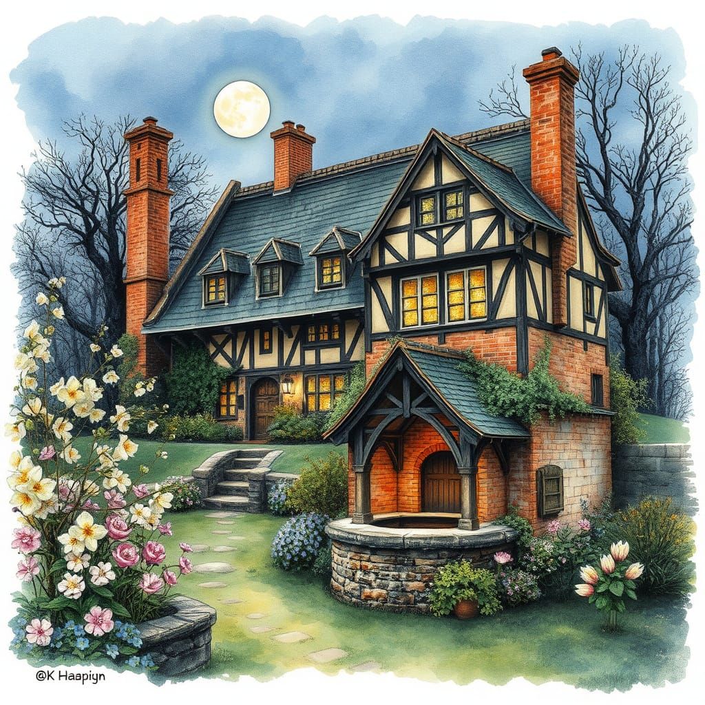 A cozy, ancient Tudor style house and a brick-built well, nestled on the hill with a beautifully blooming spring garden ...