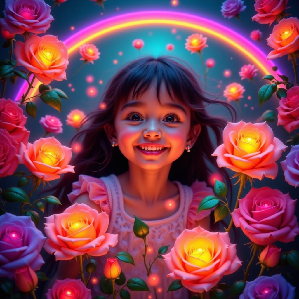 Joyful Girl Amidst Rainbow Roses