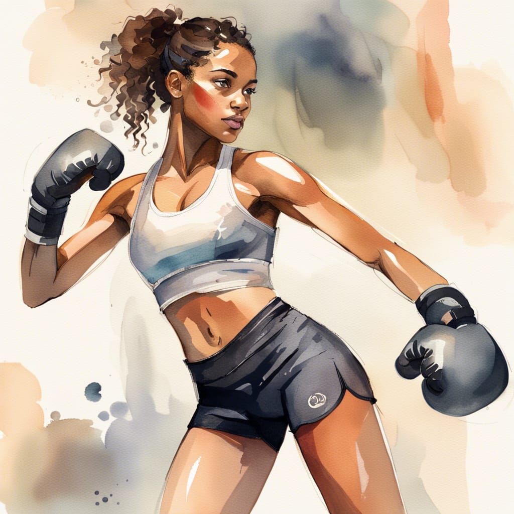 Athletic Woman in Boxing Stance, Watercolor Art