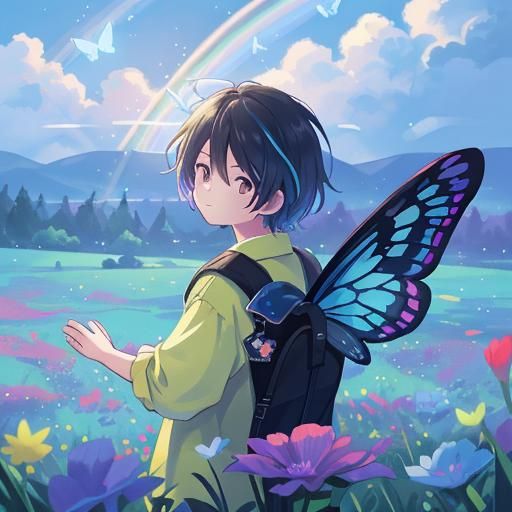 Boy in Rainbow Flower Field: Fantasy Art