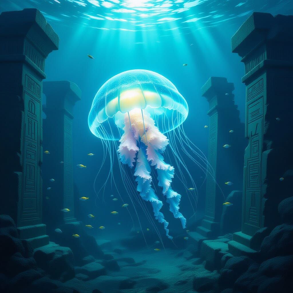 Majestic Bioluminescent Jellyfish in Sunken Ancient City