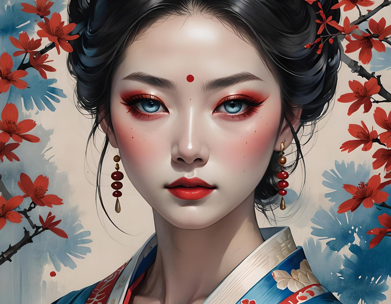 Japanese Woman Portrait with Kimono and Elaborate Hairstyle