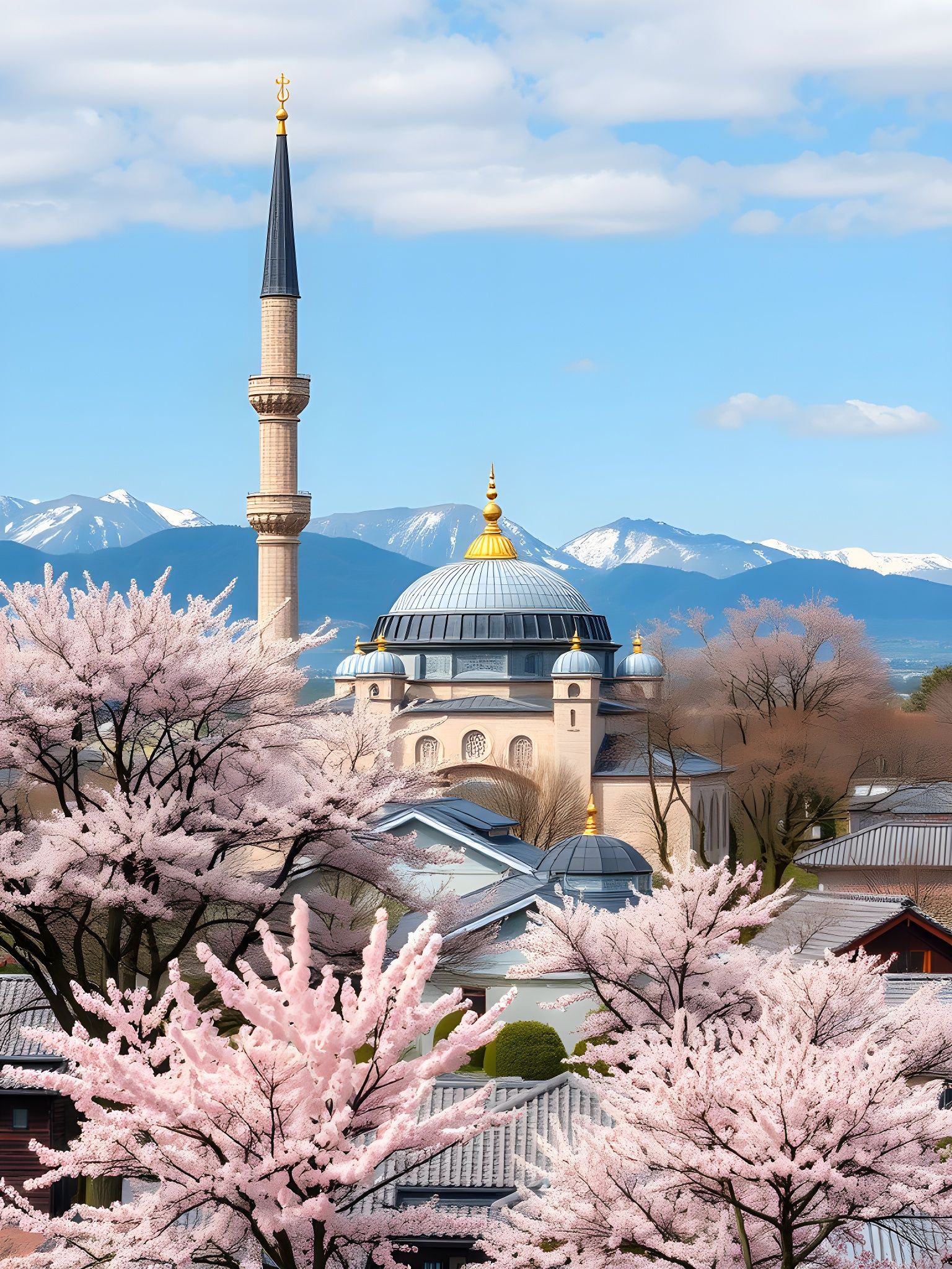 Cherry Blossoms and Mosque in Japanese Landscape