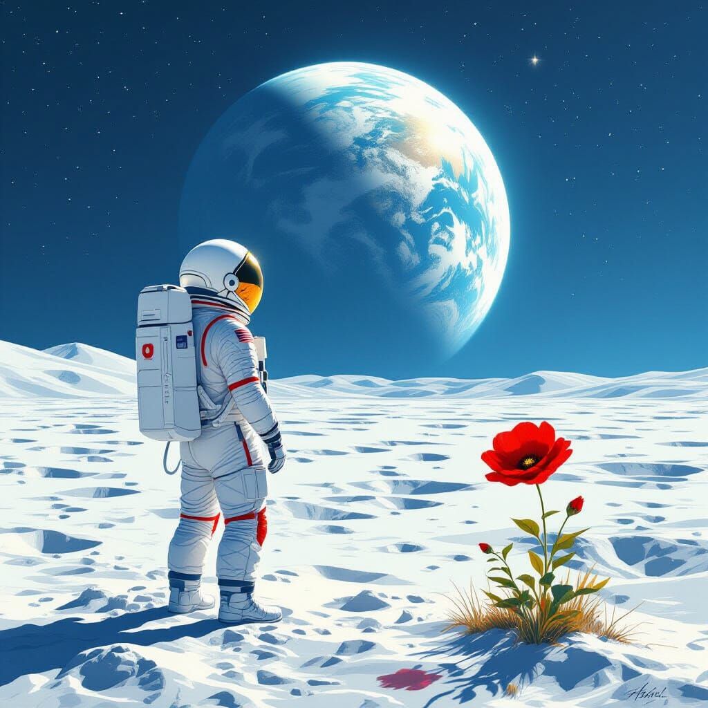 Astronaut on Moon Views Earth With Red Flower Blooming