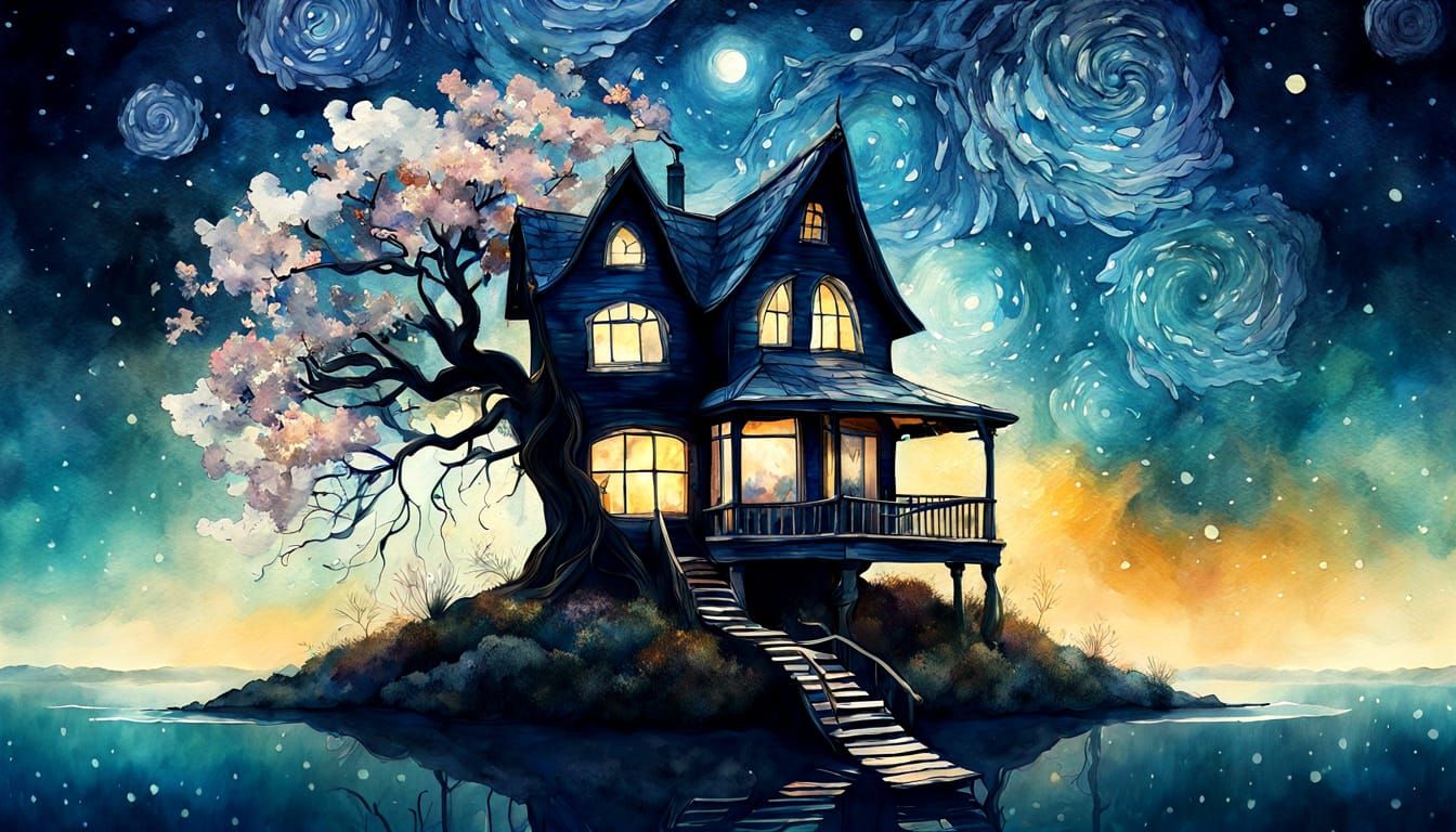 Whimsical Victorian Cottage in Surreal Digital Watercolor