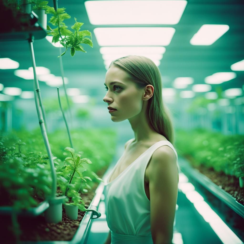 Dreamy Woman in Sci-Fi Utopian World