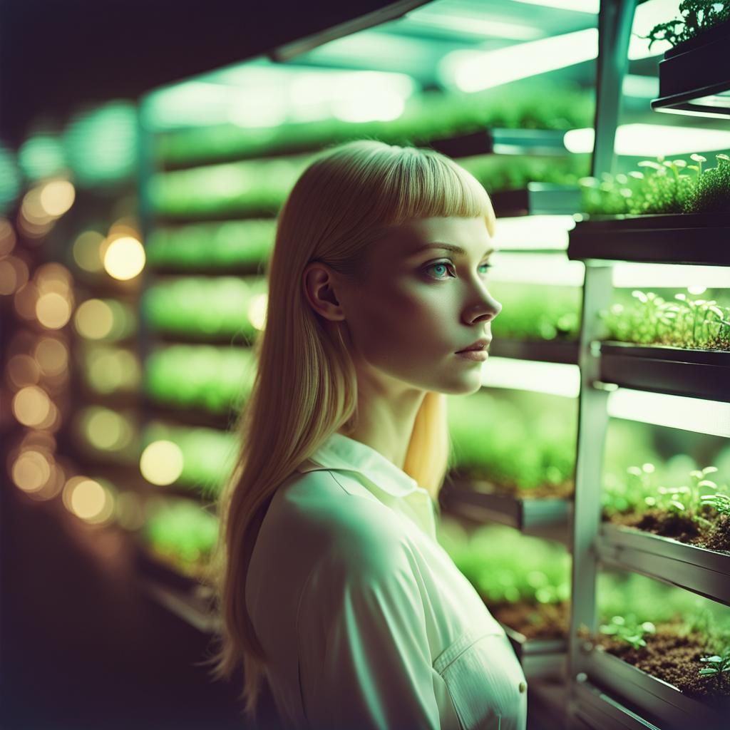 Utopian Woman in Futuristic Hydroponic Garden