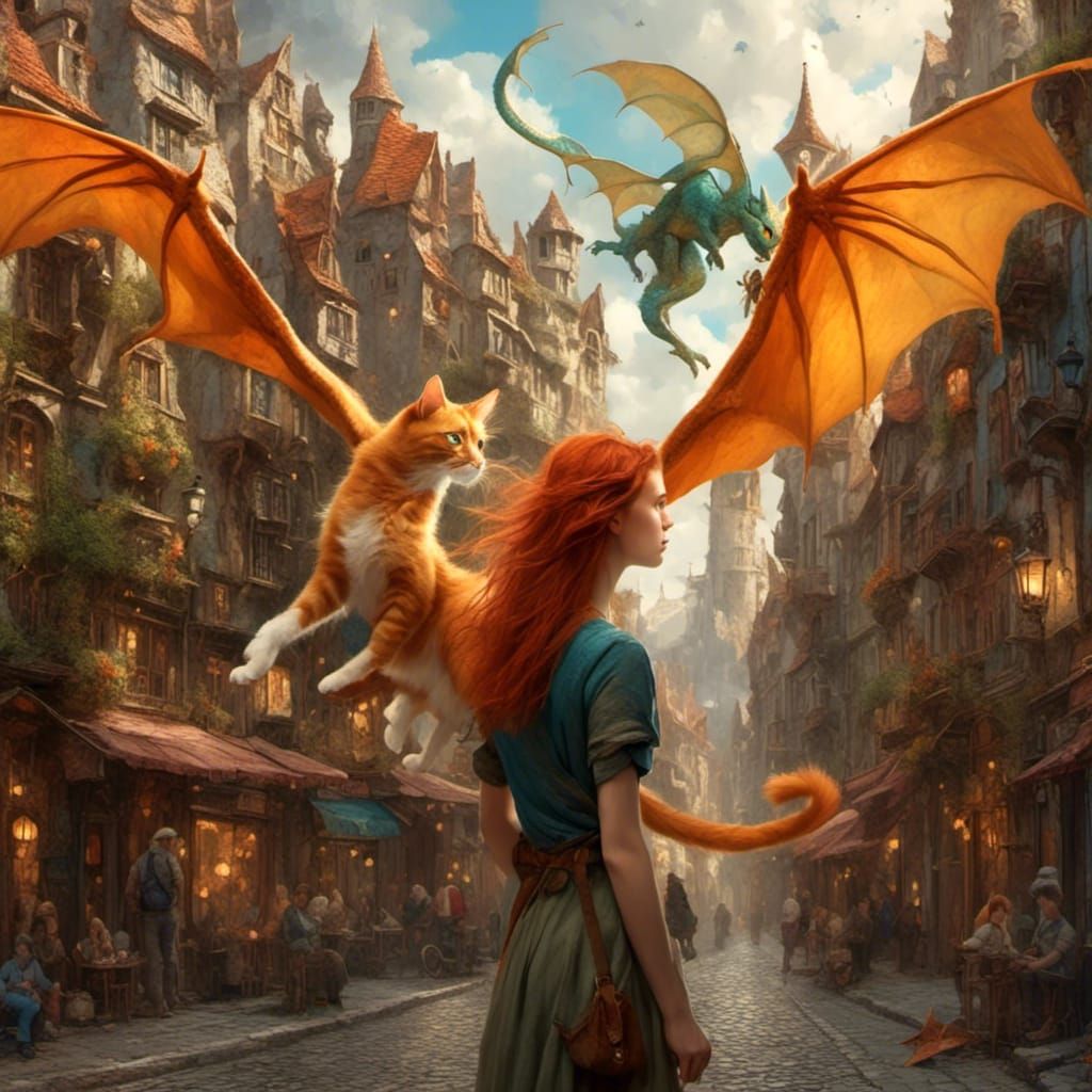 Ginger Cat Dragon Soaring Above Fantasy City