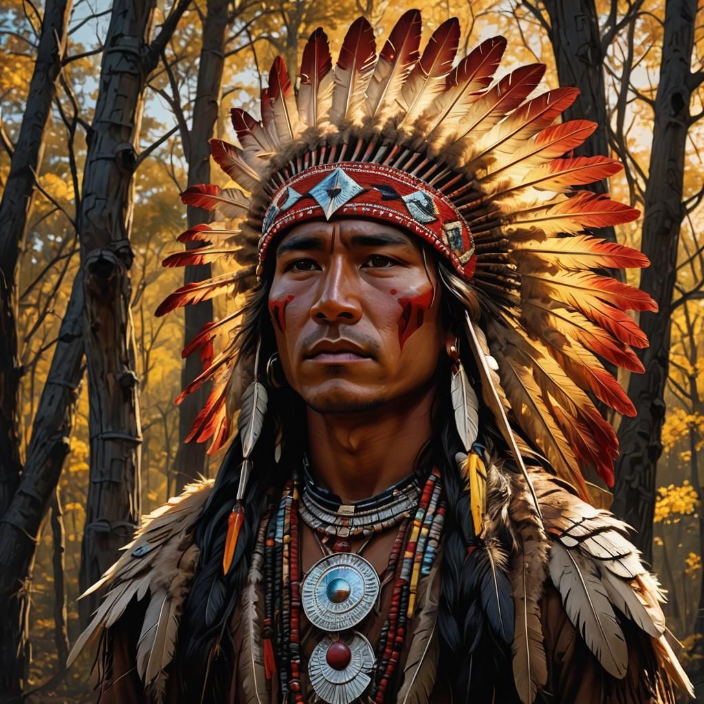 Alder trees in background, sky reds and yellows, Male Native American Warrior, age around 25, Navajo style, Chief headdr...