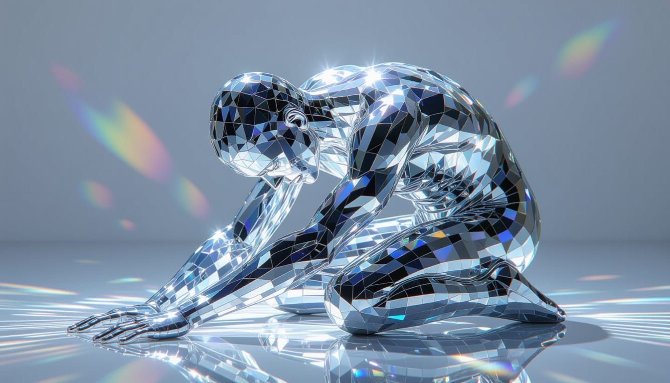 Crystal Figure in Desperate Pose with Rainbow Light Refracti...