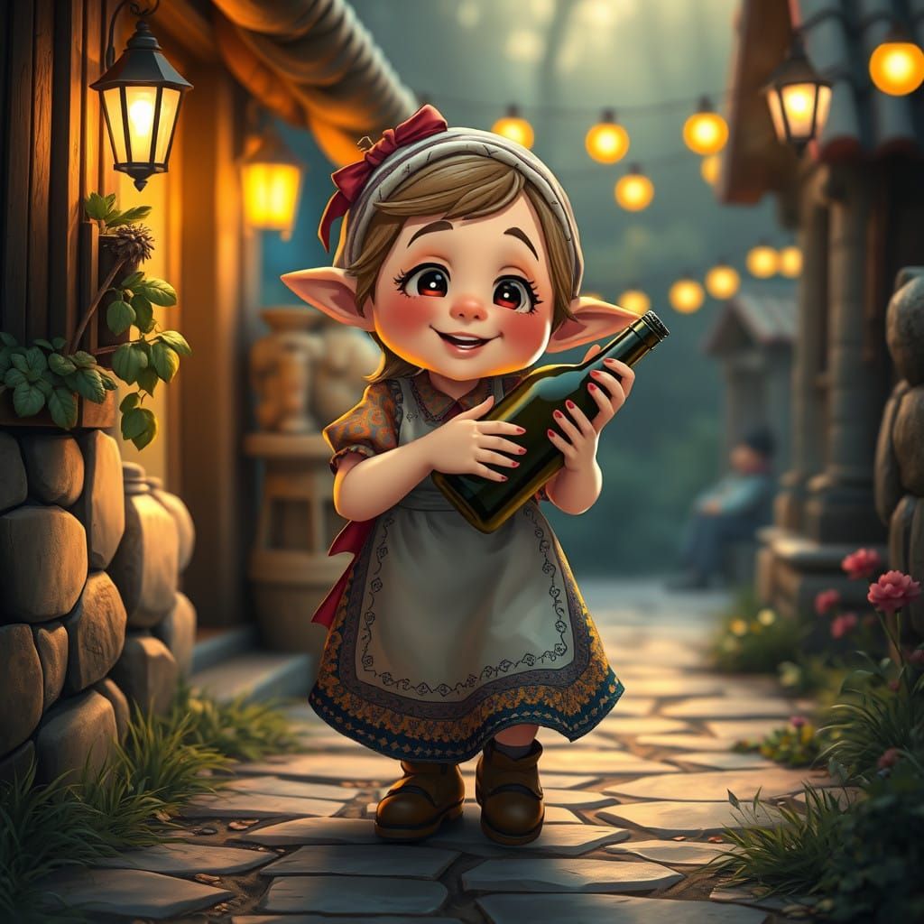 Whimsical Dwarf Woman Stumbles Home with Wine, Anime Key Vis...