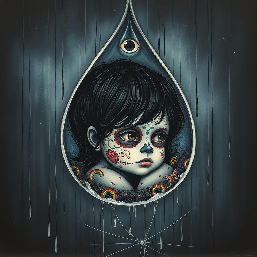 A microscopic world teeming with life exists within a single raindrop, where a dark-haired baby girl with delicate sugar...