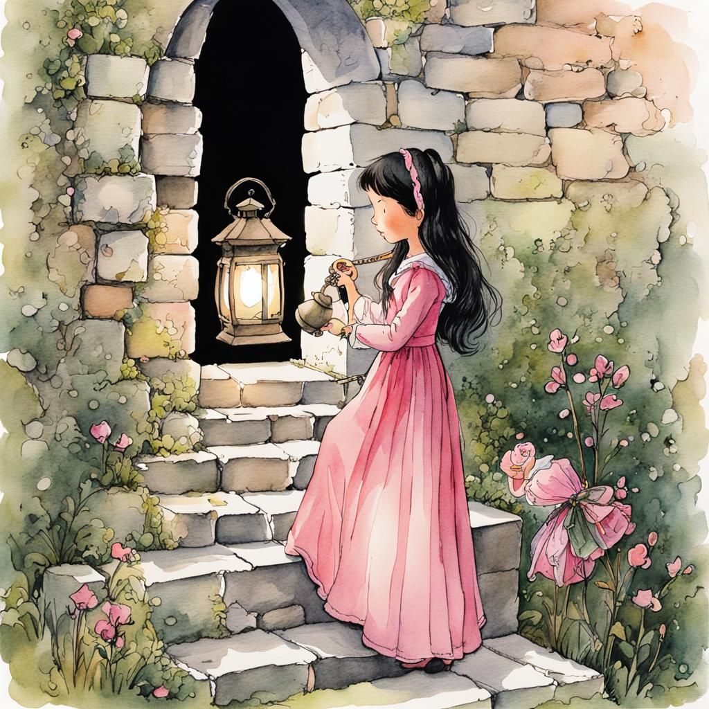 Medieval Maiden with Lantern: Storybook Illustration