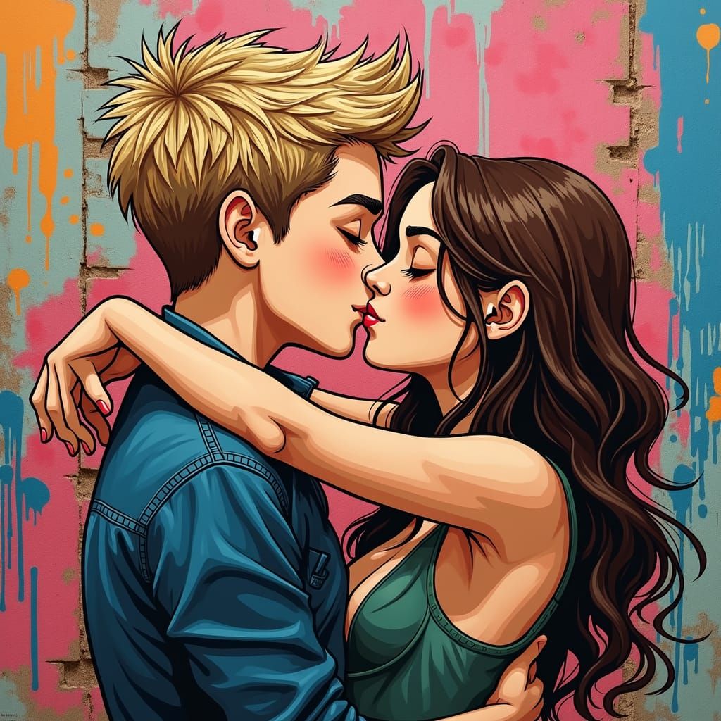 Romantic Couple Kissing in Street Art Style