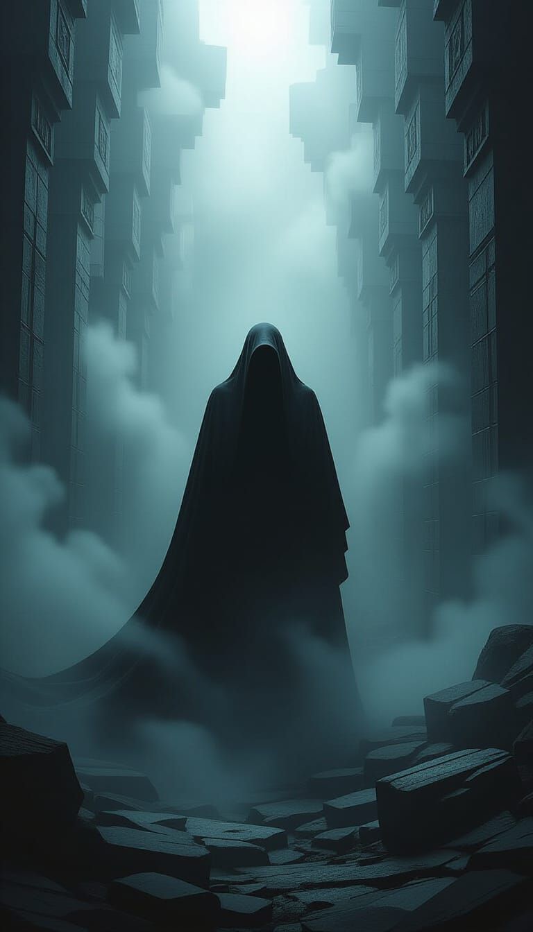 Eerie Figure Lost in Dystopian Abyss