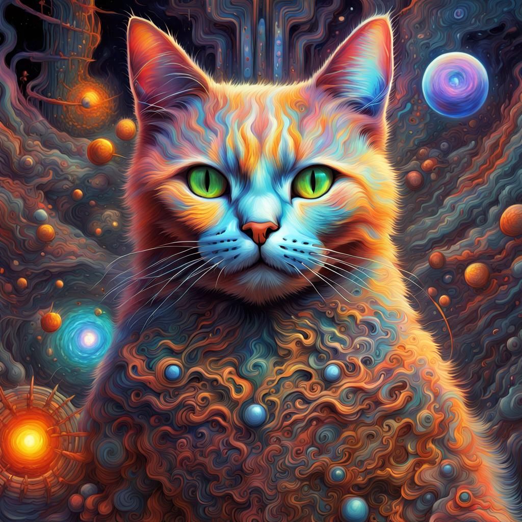 Surreal Cat in Unearthly Colors, Complex Sci-Fi Art