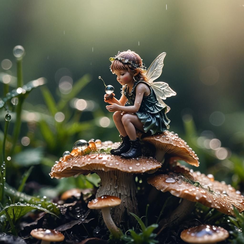 Macro Fairy on Mushroom, Dewdrop Morning
