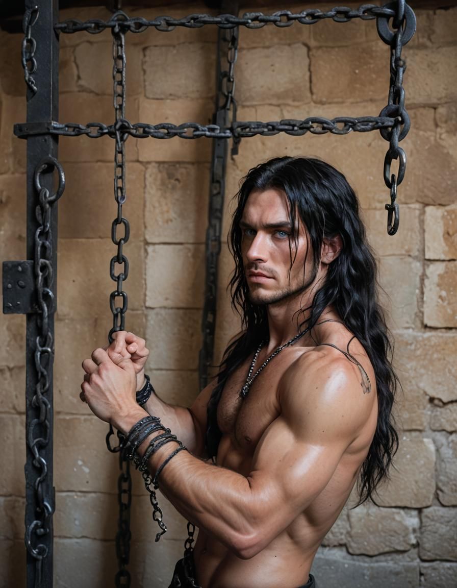 Chained Man with Ice Blue Eyes in Dungeon