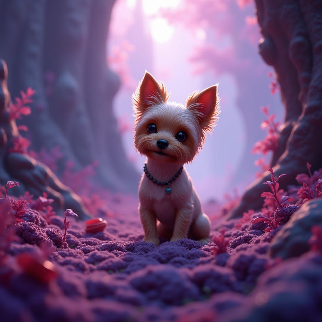 Blond Yorkie Reigns in Mystical, Neon-Lit Realm