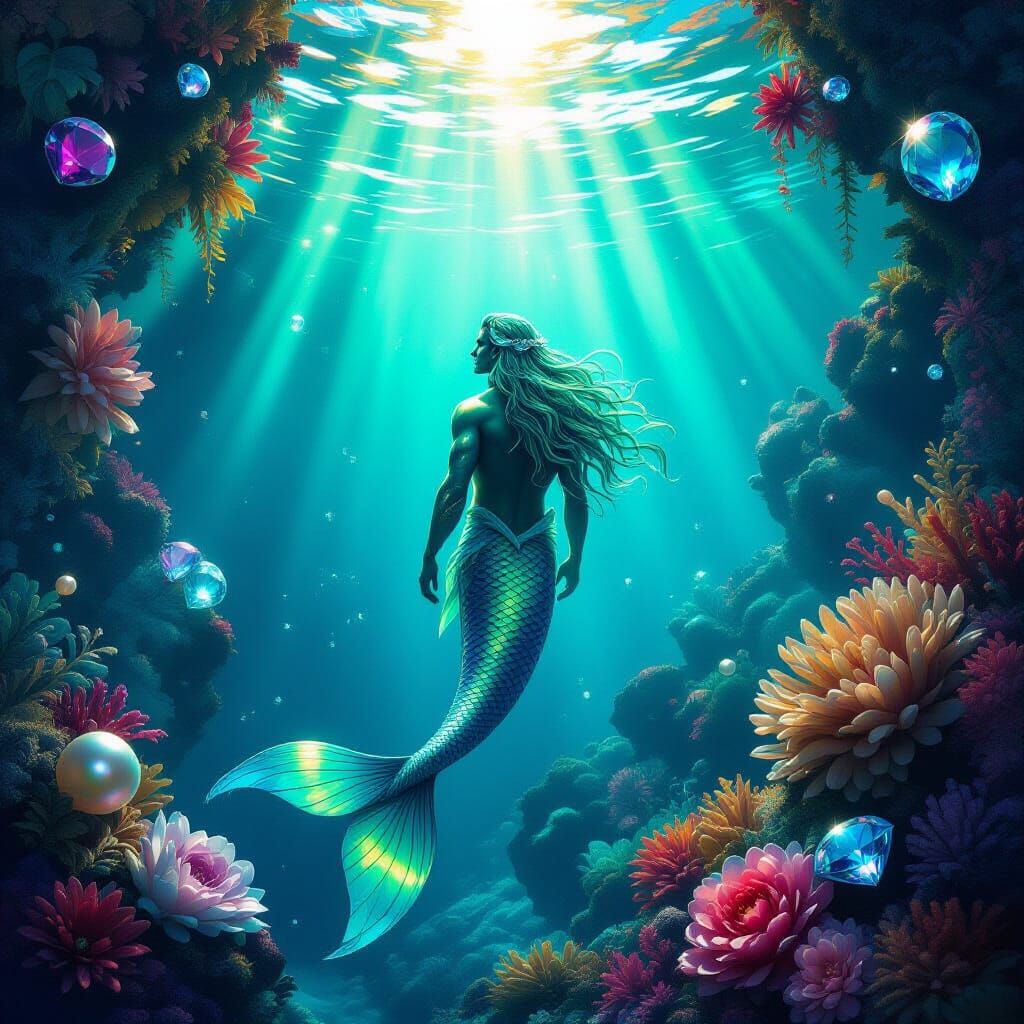 Merman in Luminous Underwater Gemstone Garden
