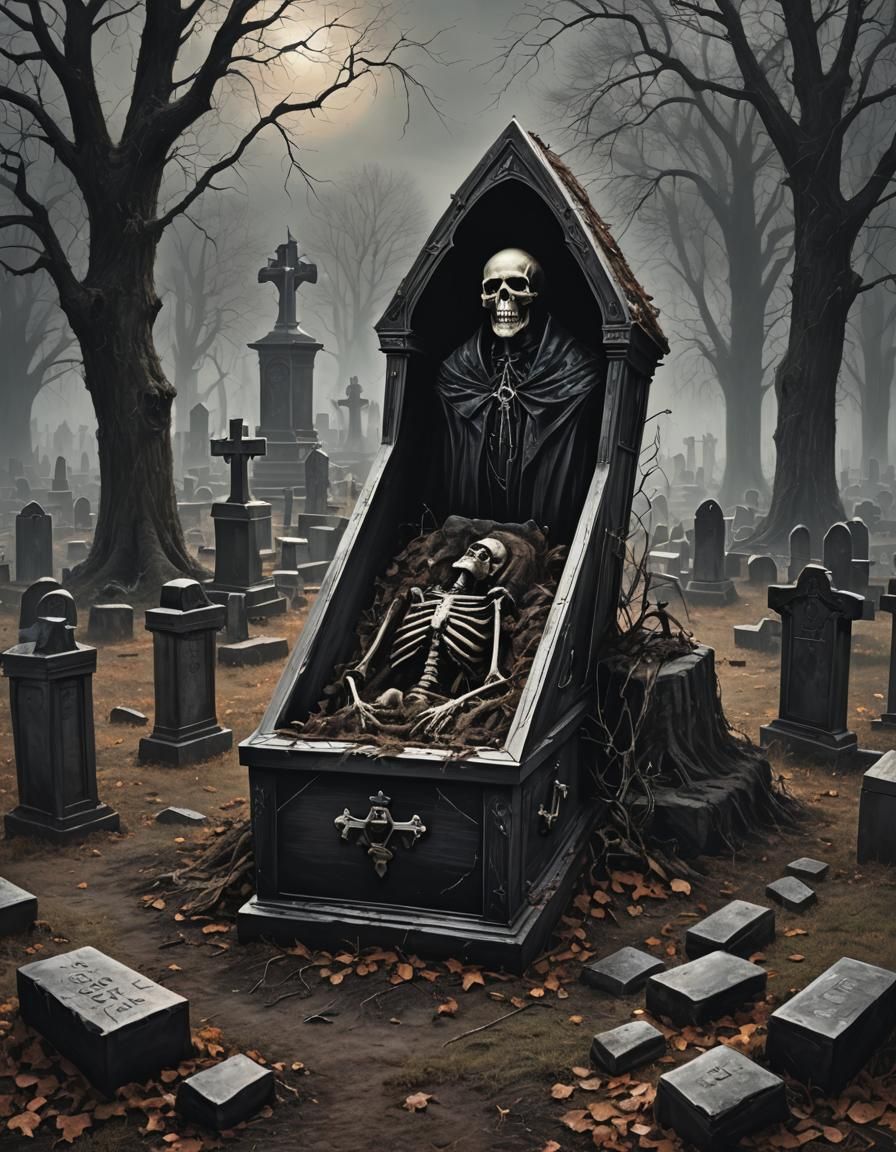 Sinister Gothic Coffin in Graveyard Scene