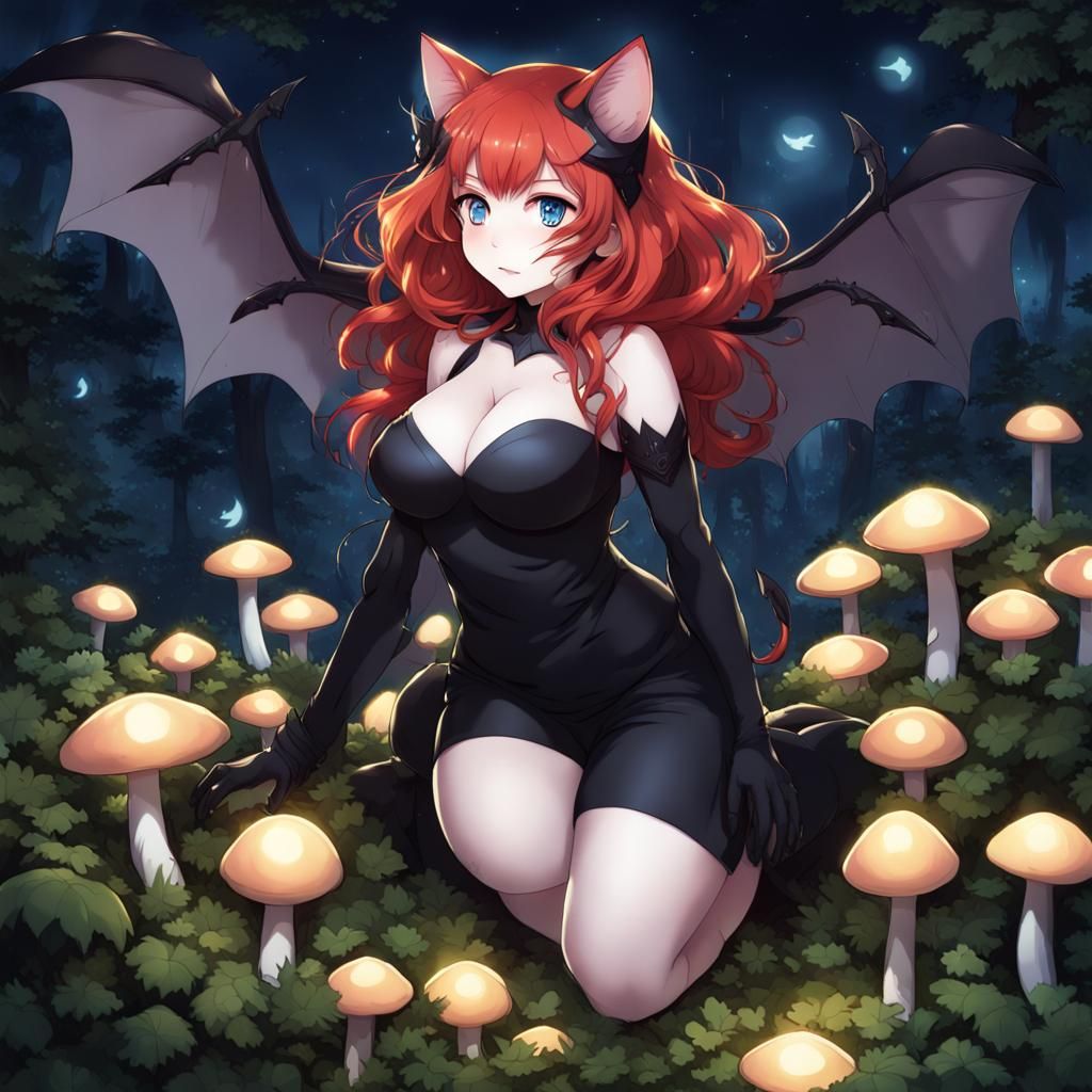 Anime Cat-Woman with Bat Wings in Magic Forest