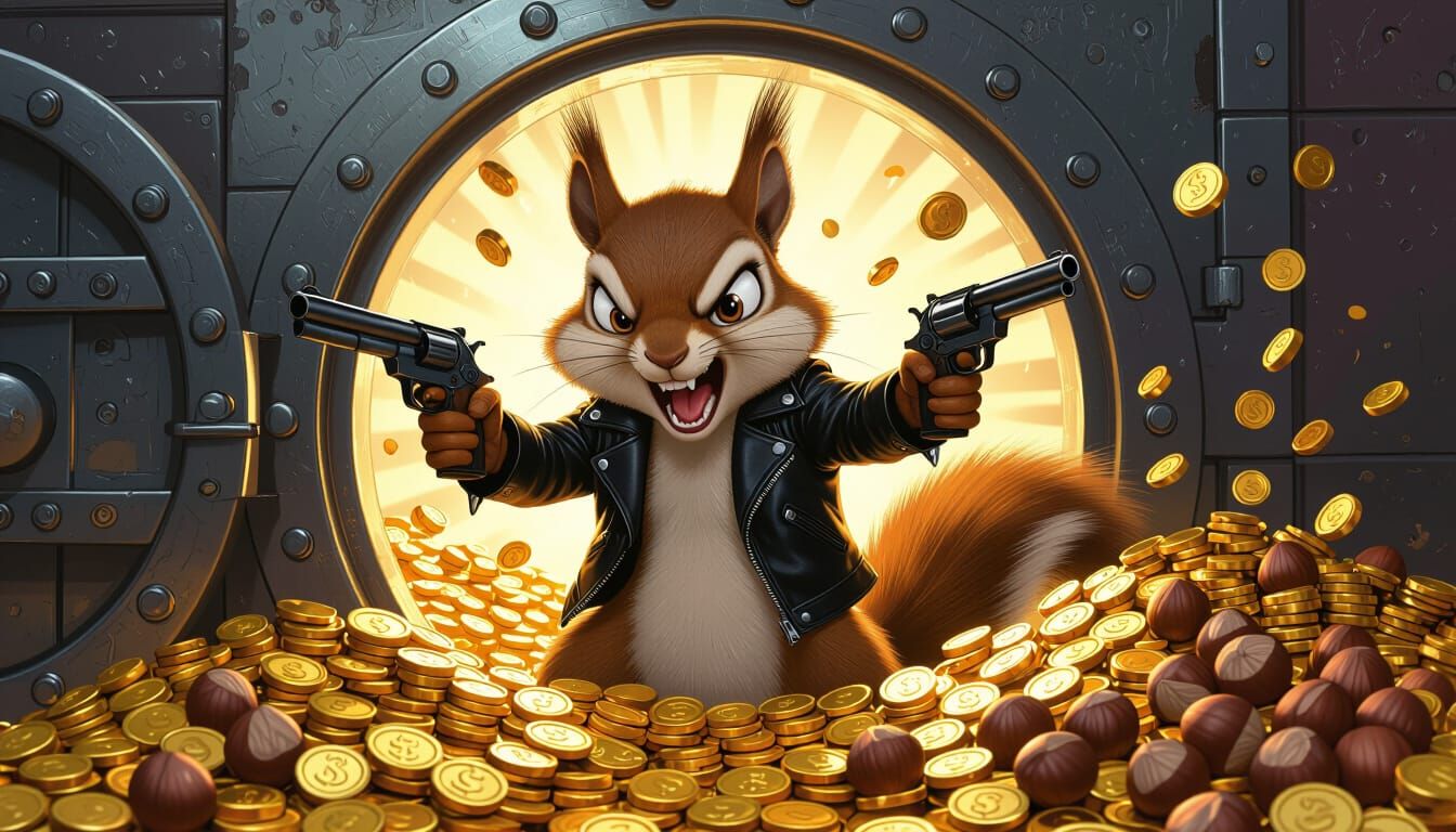 Angry Squirrel Bank Heist in Gritty Cartoon Style