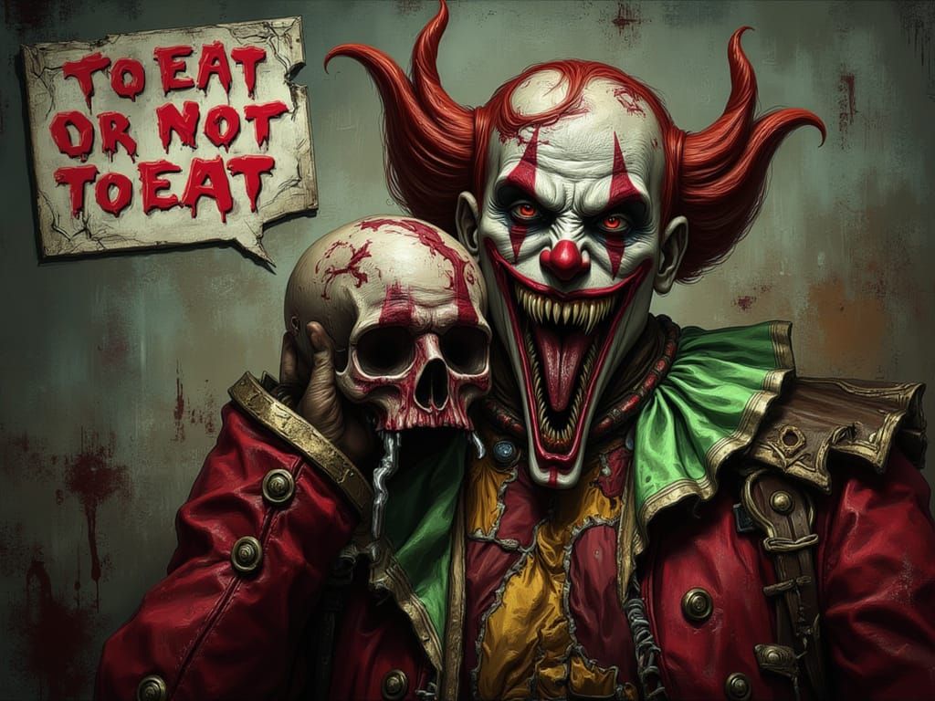 Horror Clown with Horns and Bloody Head in Deep Colors