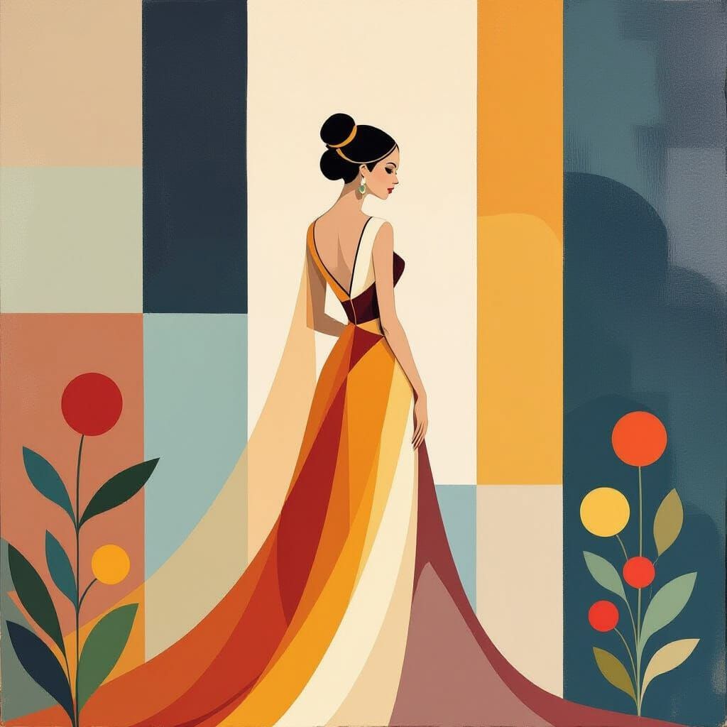 Elegant Woman in Mystical Landscape with Color Fields