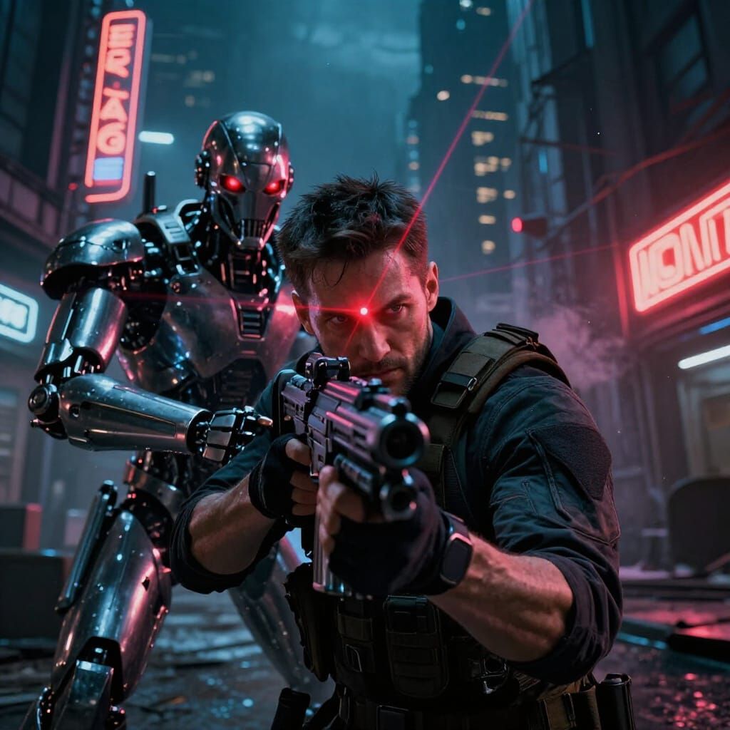 Man Targeted by Robot Hunter in Neon-Lit Futuristic City