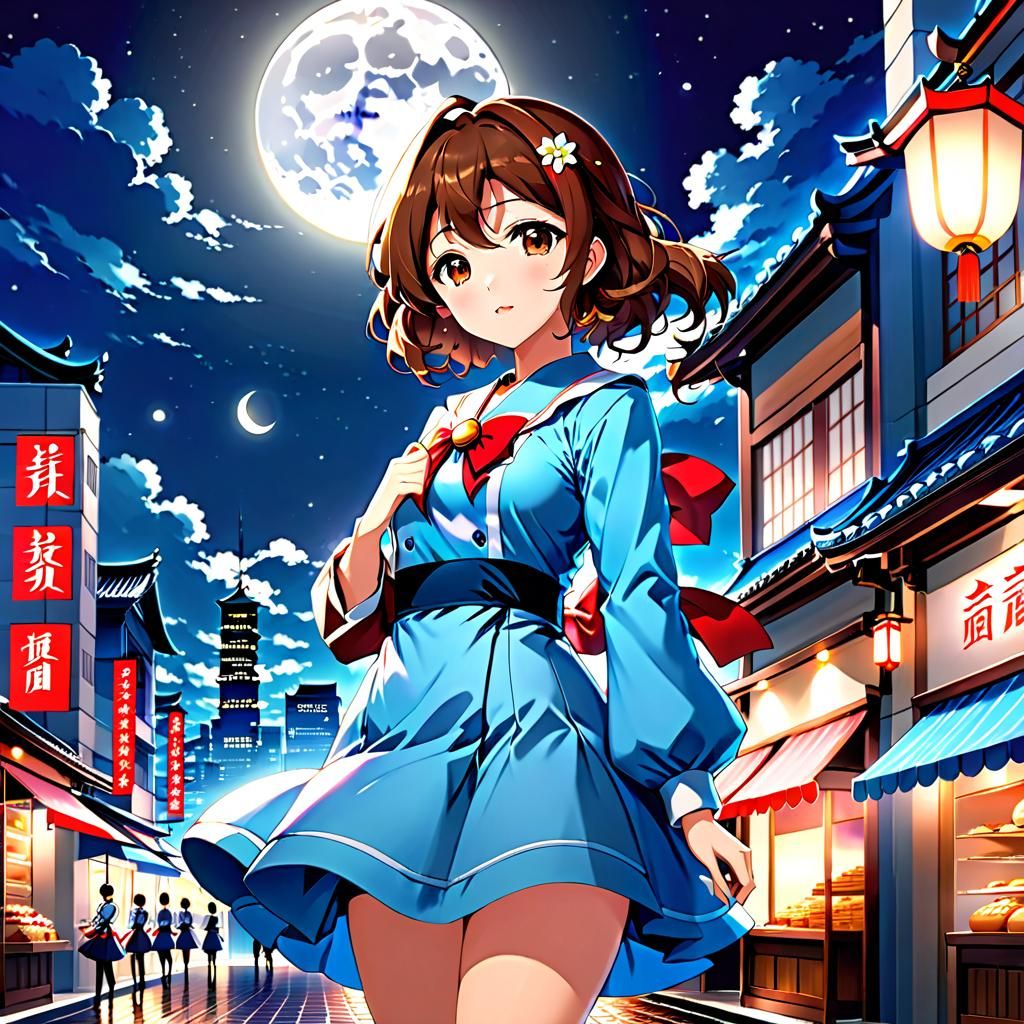 Anime Girl at Bakery Under Full Moon