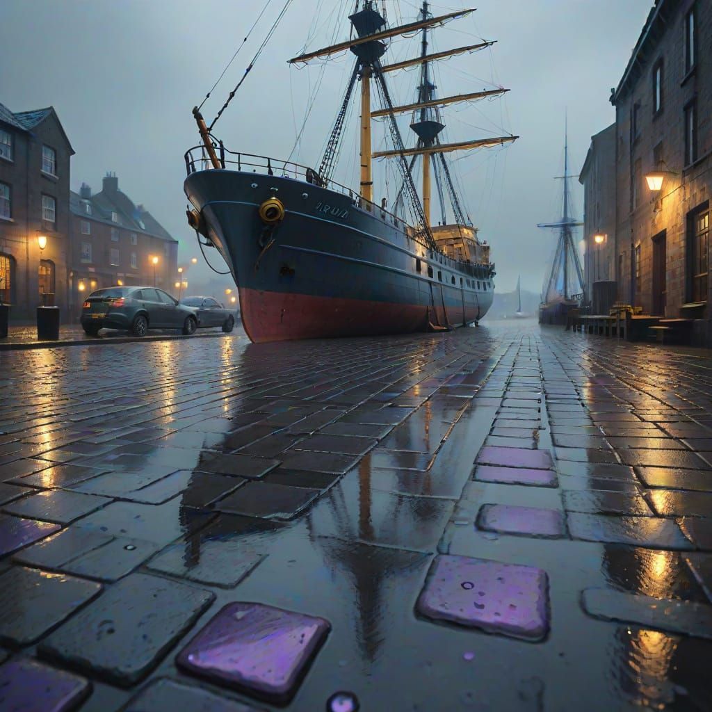 Gloomy Seaport at Dusk with Moody Oil Painting Style