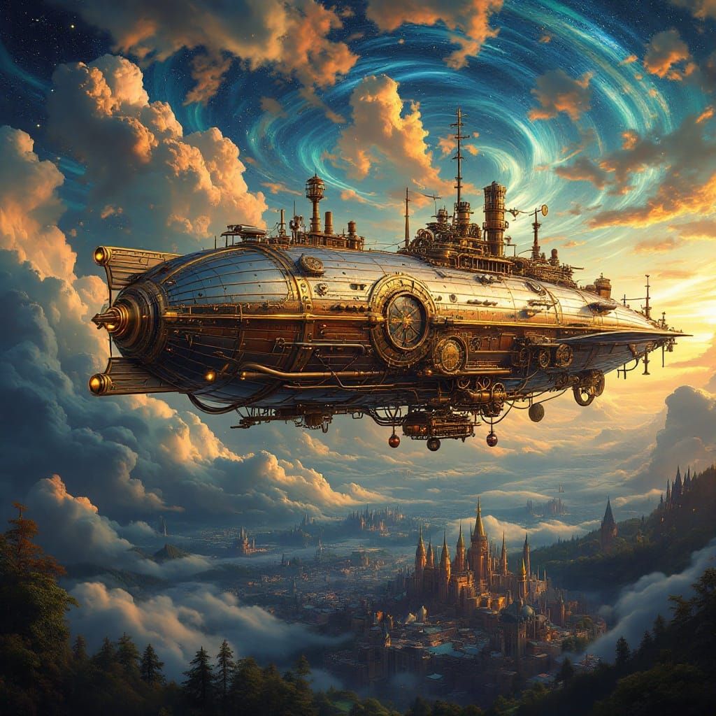 Steampunk Airship Soars Through Whimsical Cloudscape