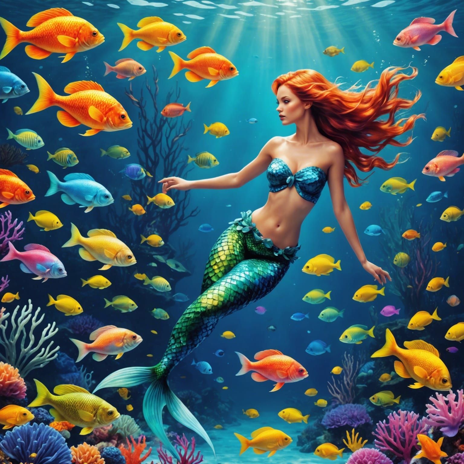 Mermaid Swimming with Fish in a Colorful Sea
