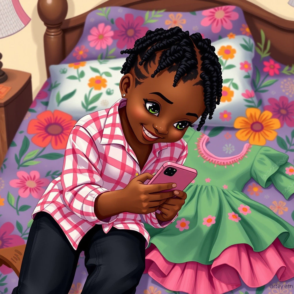 Girl with Braids Watching Phone in Dreamlike Illustration