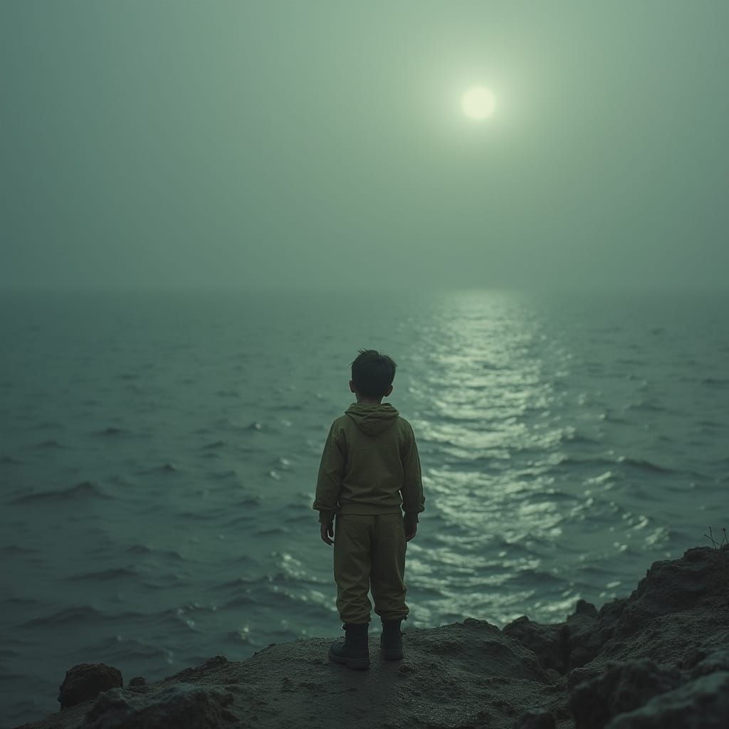 Boy Gazing at Ethereal Sea in Surrealist Style