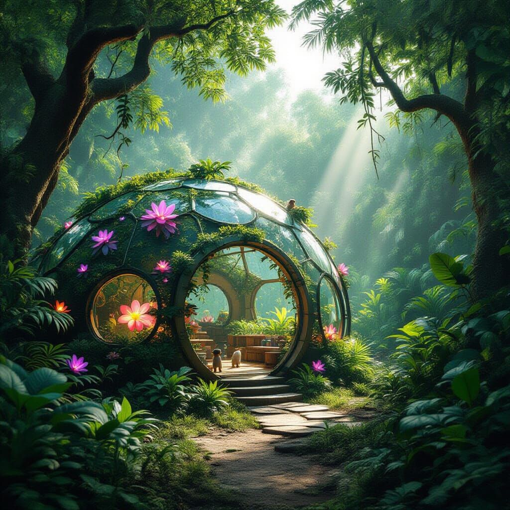 Overgrown Habitat Dome in Lush Jungle With Luminescent Flowe...