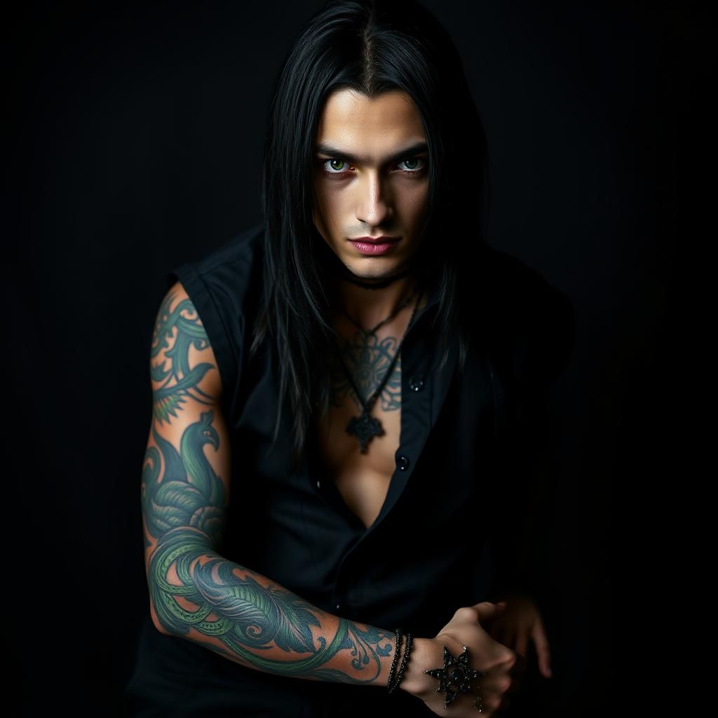 extremely handsome man with cat eyes , long straight black hair, coloured tattoos, black clothing , black peircings, bla...