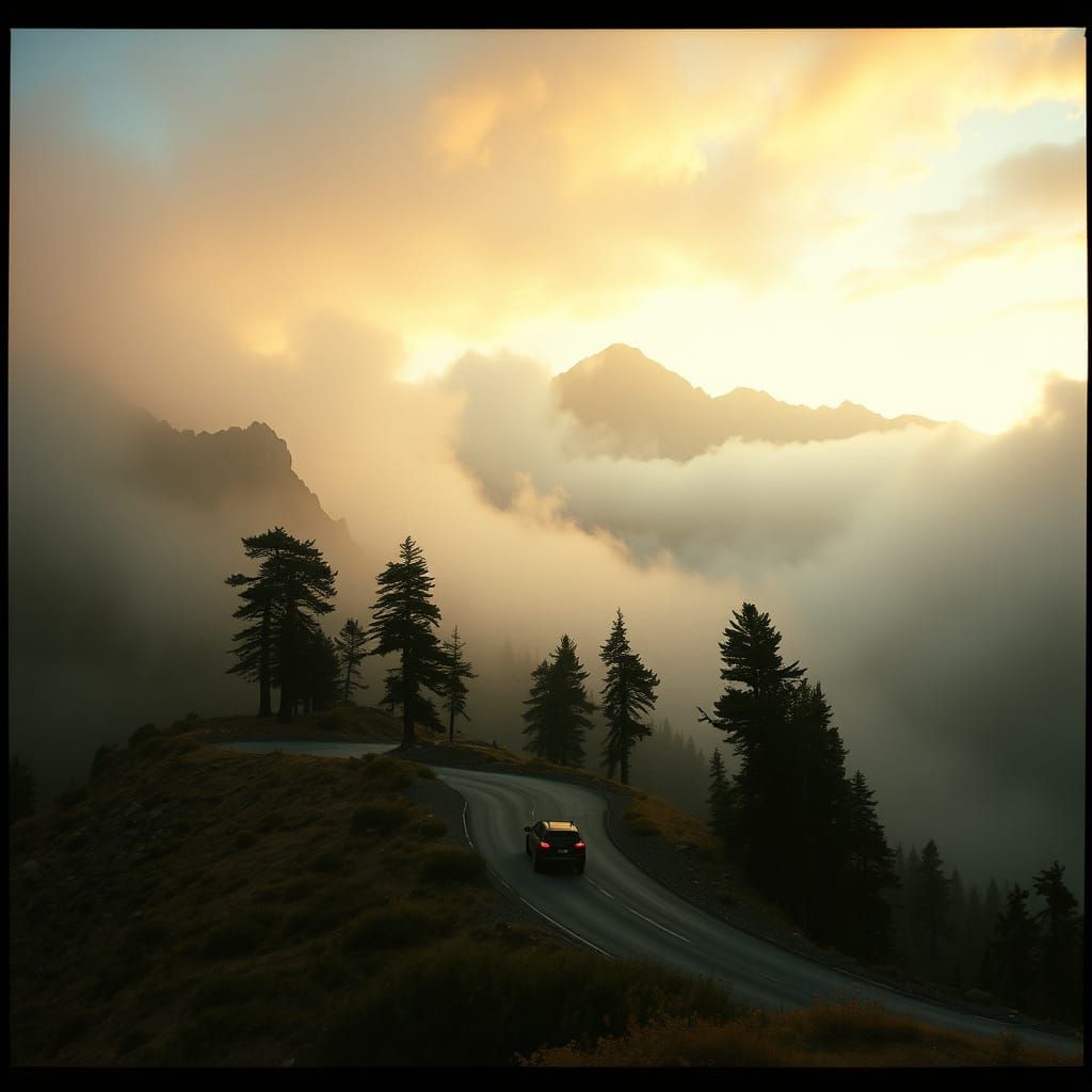 Epic Mountain Landscape with Lonely Car and Trees