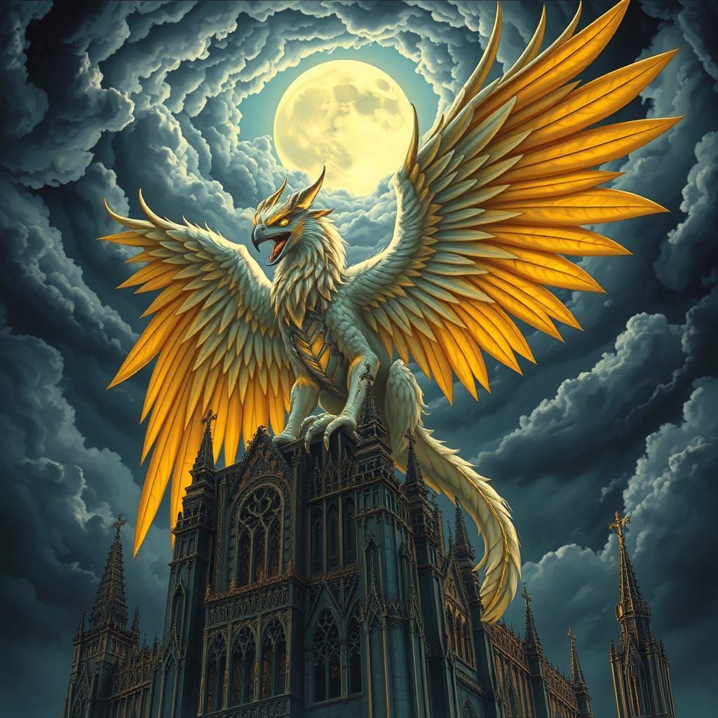 Griffin Perched Atop Gothic Cathedral in Art Nouveau Style