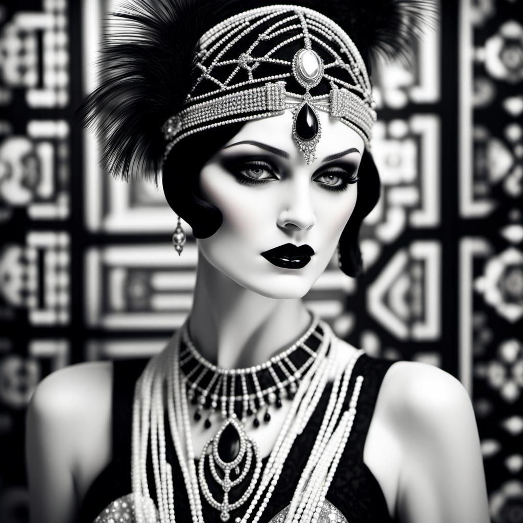 Gothic Woman in Black and White, Art Deco Style
