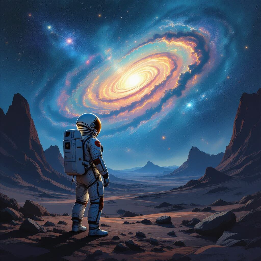 Astronaut on Alien Planet Gazing at Galaxy as Painting