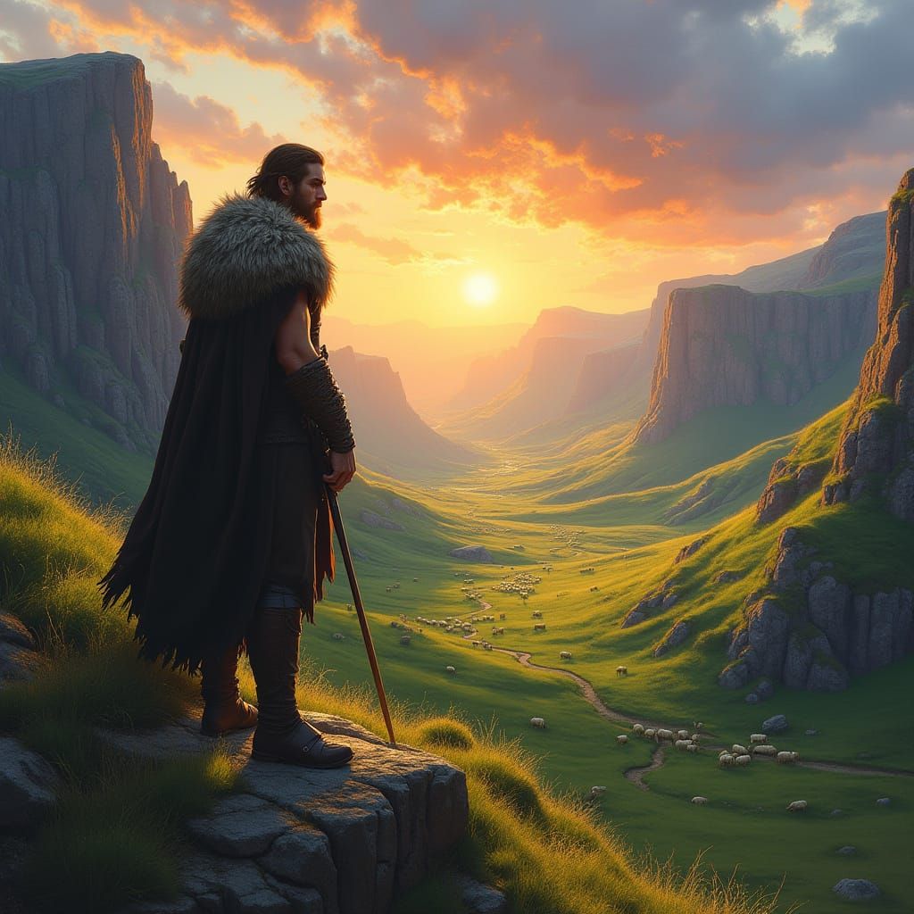 Viking Warrior Surveys Lush Valley at Sunrise