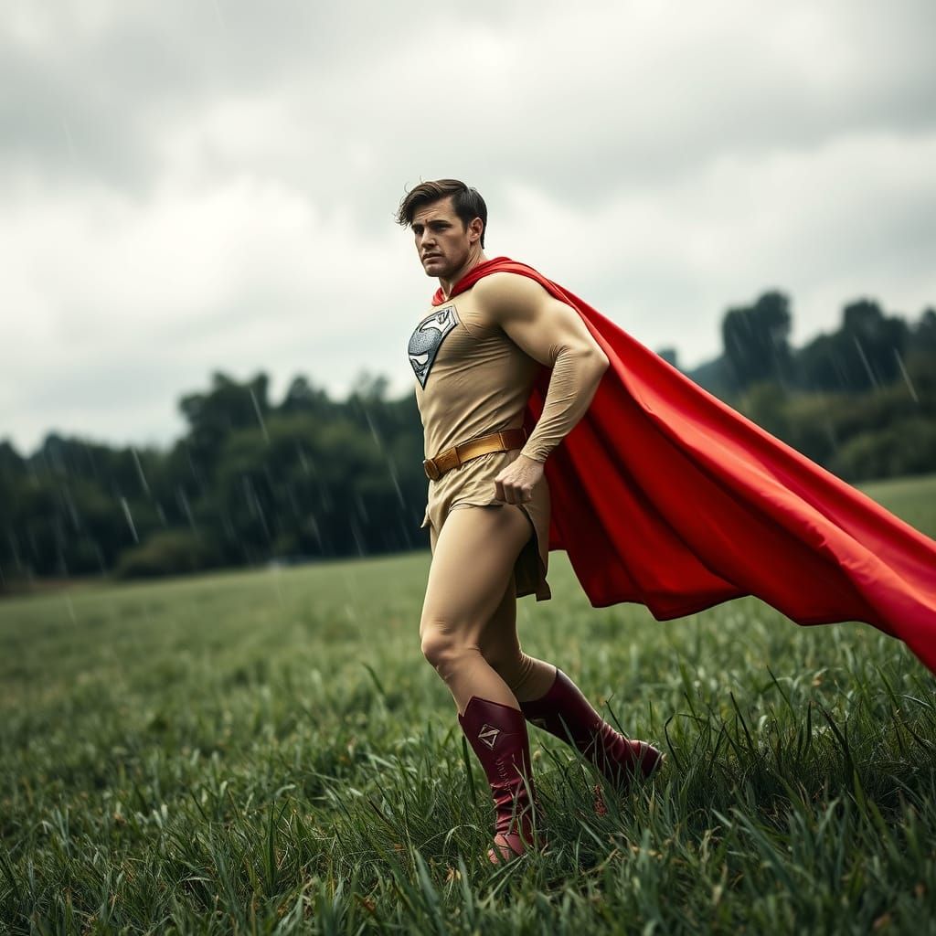 Heroic Hercules Superman in Beige Costume on Grassy Field