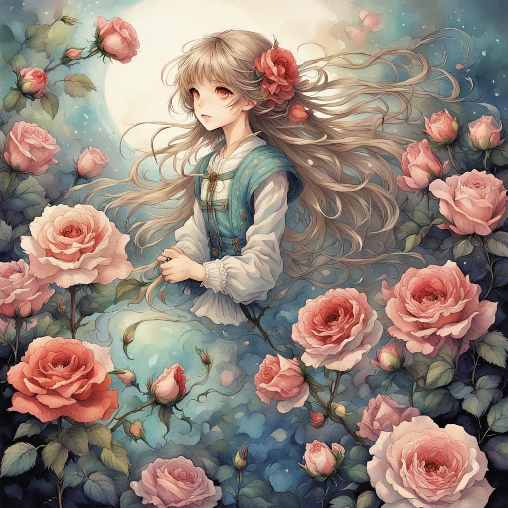 Anime Girl Amid Colorful Roses Rackham Style