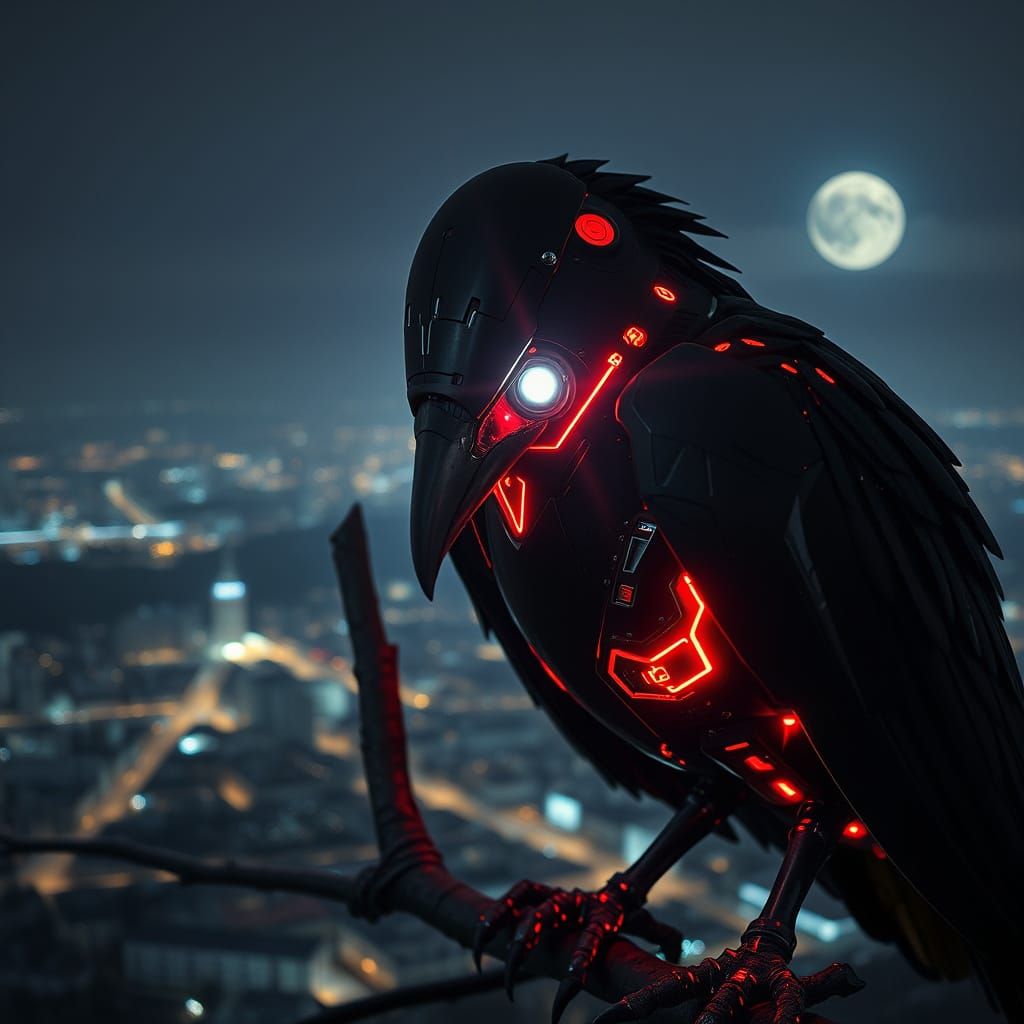 Metallica Robot Raven Illuminates Cityscape