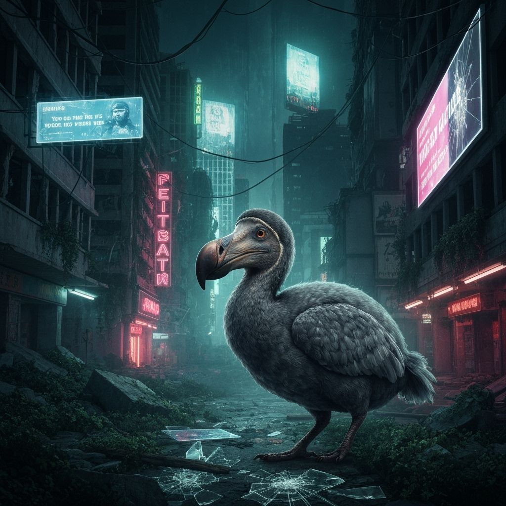Dodo in Cyberpunk Ruins: A Dystopian Wildlife Scene