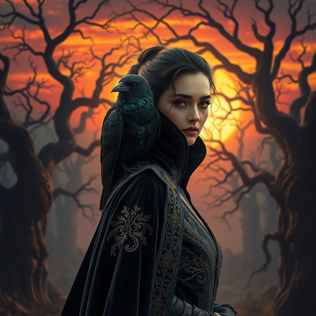 Woman with Crow in Fantasy Landscape, Detailed Matte Paintin...