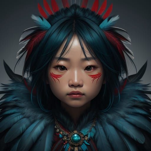 Native Asian Baby on Dark Feather Pile in Dramatic Light