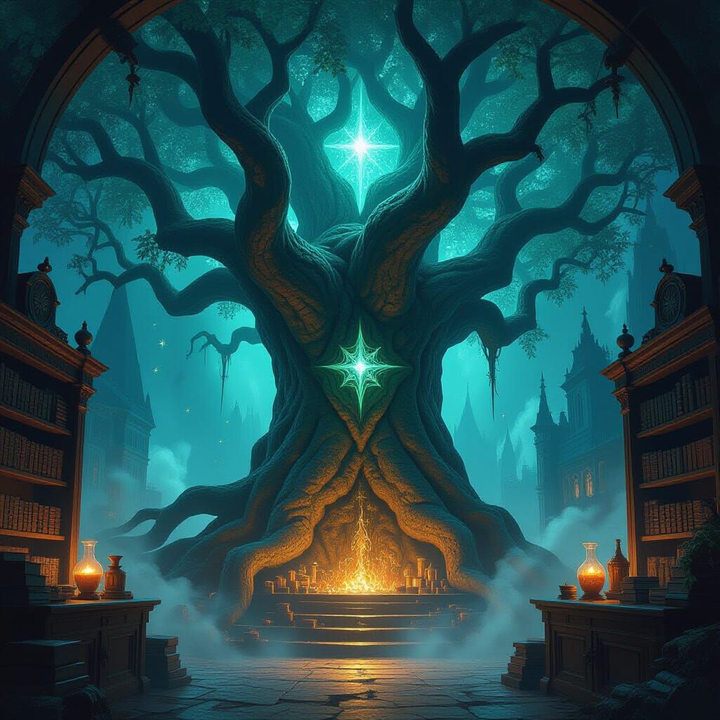 Ancient Tree Sorcerer's Lair with Glowing Symbols